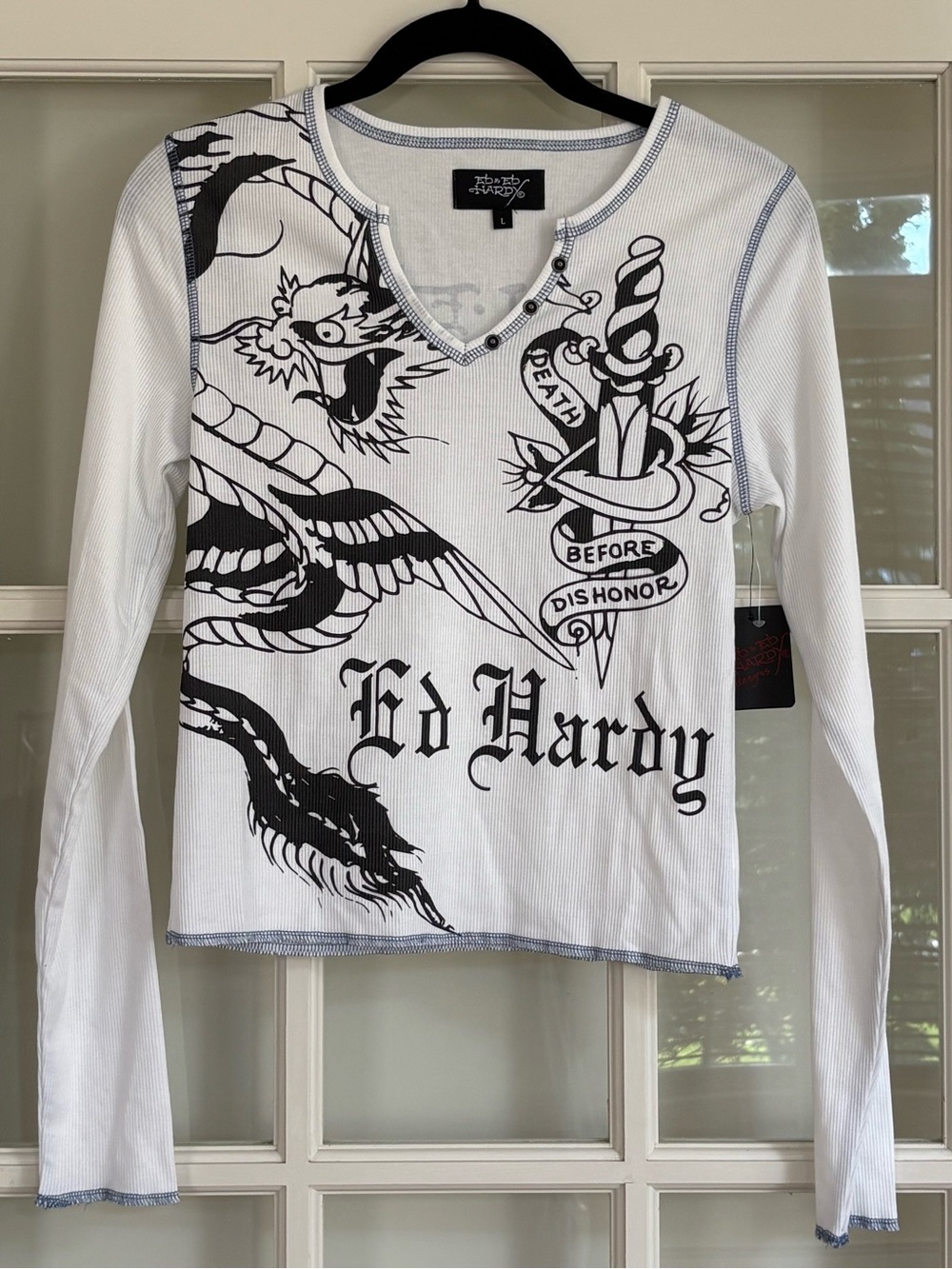 Ed Hardy NWT White Ribbed Tattoo Henley Top – Dragon & Dagger – Juniors L